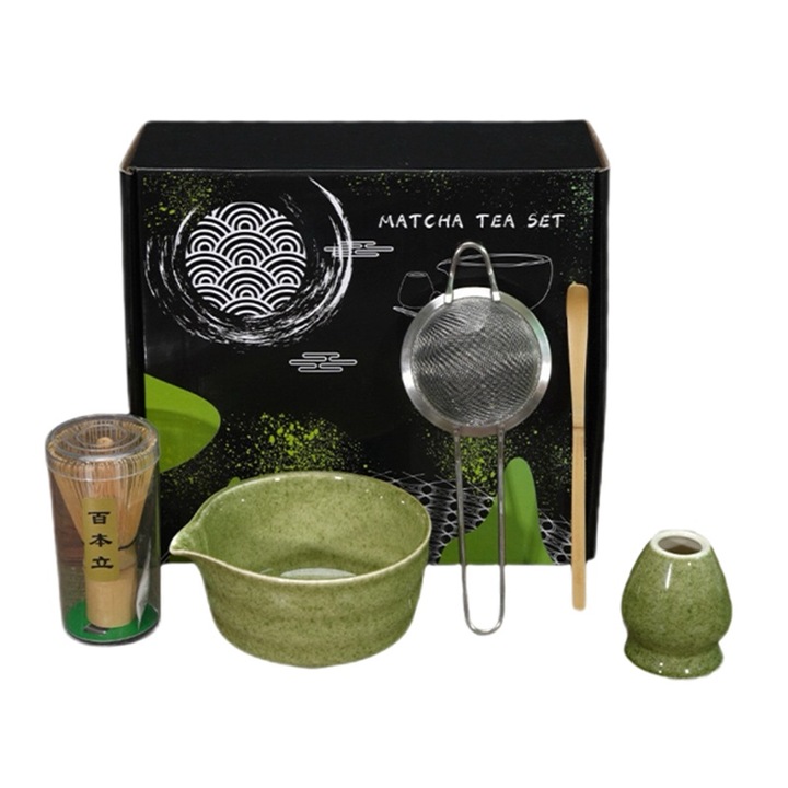 Сервиз за чай Matcha 5 части, Rqiurpn, керамична купа, бамбуков чайник, цедка от неръждаема стомана, Emerald Green