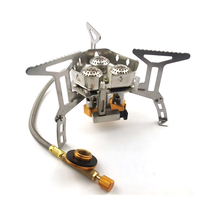 Aragaz de camping, ZOUN, 6800W, rezistent la vant, cu aprindere electronica, 3 nuclee, portabil, pliabil, pentru picnic, camp, camping, calatorie, Argint