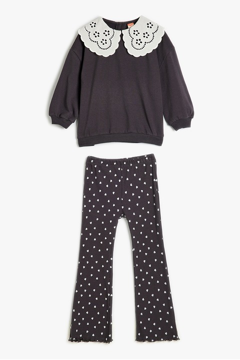 KOTON, Set de bluza cu guler valurit si colanti cu model - 2 piese, Alb/Maro taupe