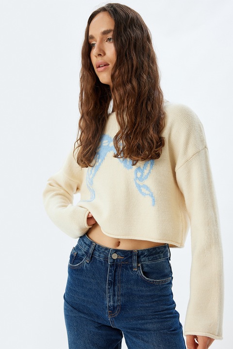 KOTON, Pulover crop cu maneci cazute, Albastru pastel/Crem