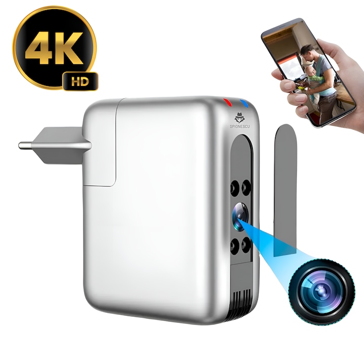 USB hálózati töltő rejtett kamerával 4K, B22, Spionescu, WIFI 2,4 GHz, éjjellátó, mozgásérzékelés, 166°-os szög, szürke