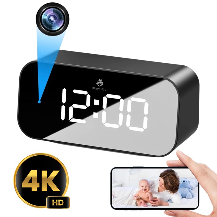 Ceas spion cu camera ascunsa 4K, Spionescu, TC100, WIFI, unghi de 166°, vedere nocturna, detectarea miscarii, baterie 1200 mAh, autonomie 4 ore, negru