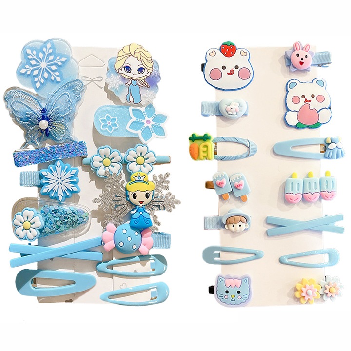 Set 28 agrafe de par AnaCool pentru copii, tip cleme in diferite modele si culori, agrafe de par pentru fetite, Silicon/Rasina, Multicolor, Albastru