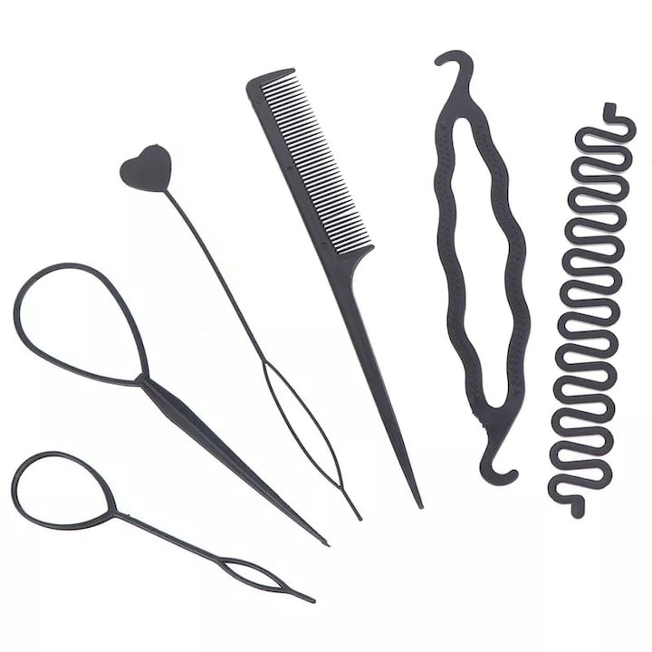 Set 6 accesorii pentru impletirea parului, pieptan, coada de peste, spirala, plastic, negru, Dactylion®
