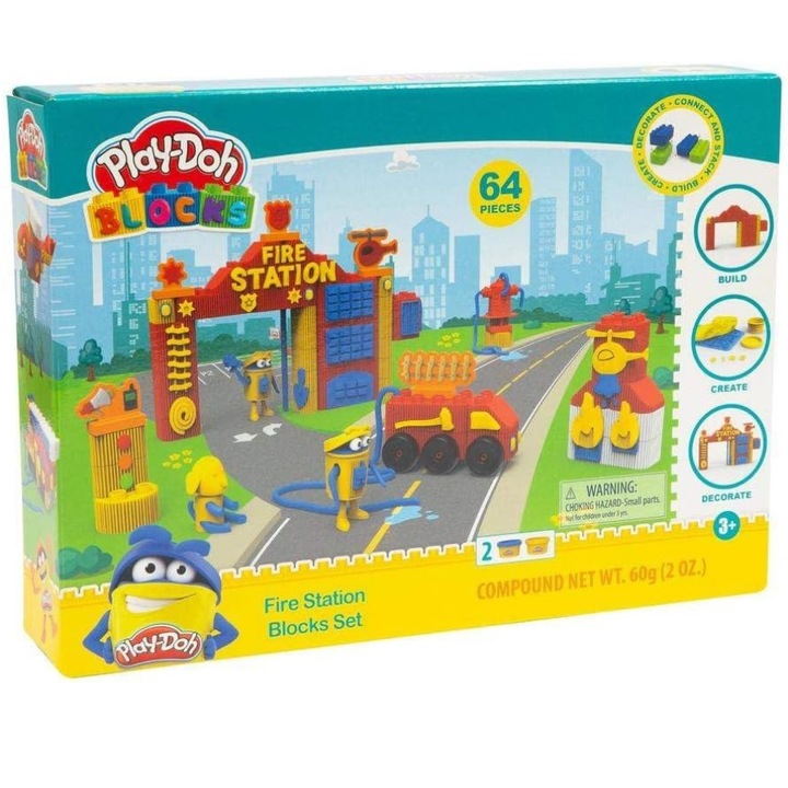 Set de joaca PLAY-DOH Blocks, Constructie Statie Pompieri, 64 piese, 3 ani+, Multicolor