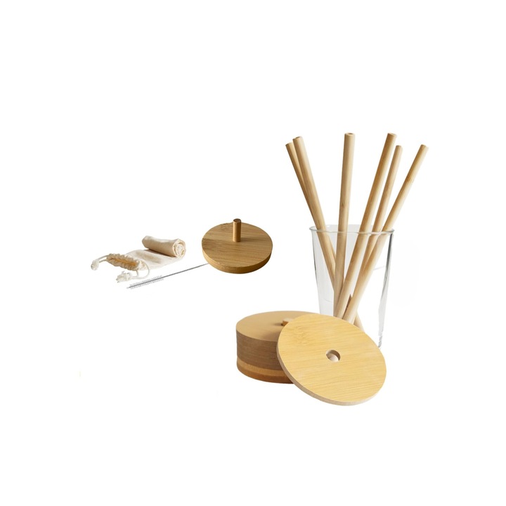 Set 6 paie reutilizabile din bambus cu perie de curatare si saculet de depozitare, si 6 suporturi de pahar din bambus rotunde, Natur