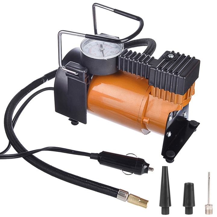 Преносим автомобилен компресор VarioShop®, 12V, 150 PSI, 10 BAR, с манометър и аксесоари за надуване на колела, топки и надуваеми дюшеци, 16 x 15 cm