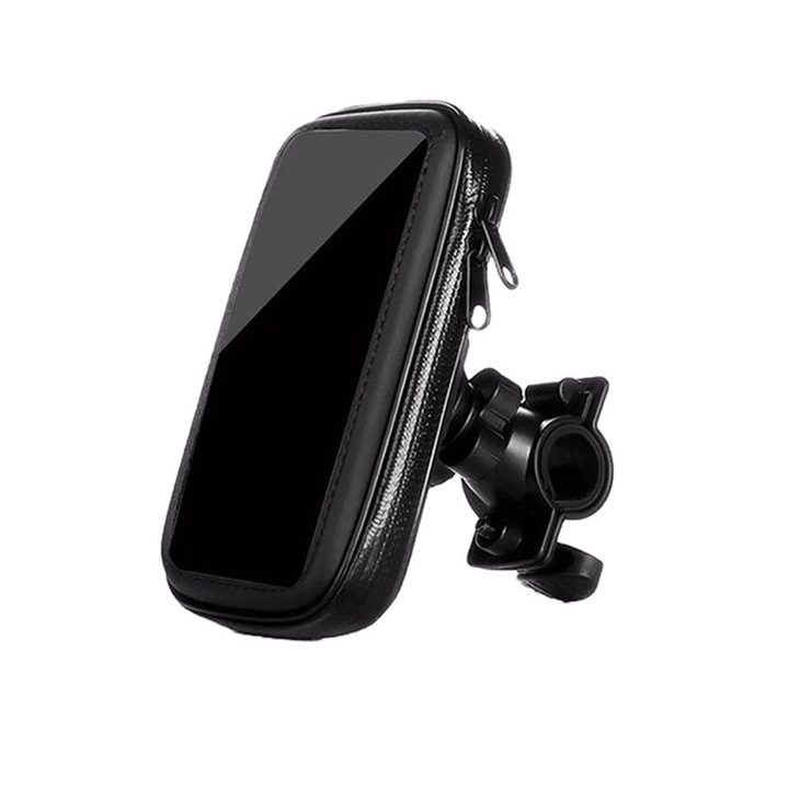 Suport Telefon sau GPS pentru livrator / curier, Prindere la bicicleta, Tip Borseta, Protectie completa 360, Rezistent la apa, ploaie si socuri, Sensibilitate ridicata, Anti-reflexii, Negru