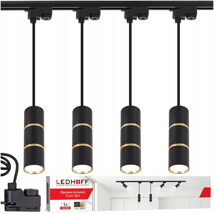 Sina spoturi LED, Ledhoff, B8418, 1x Profil sina 1m, 4x Reflector lampa, GU10, Negru-auriu