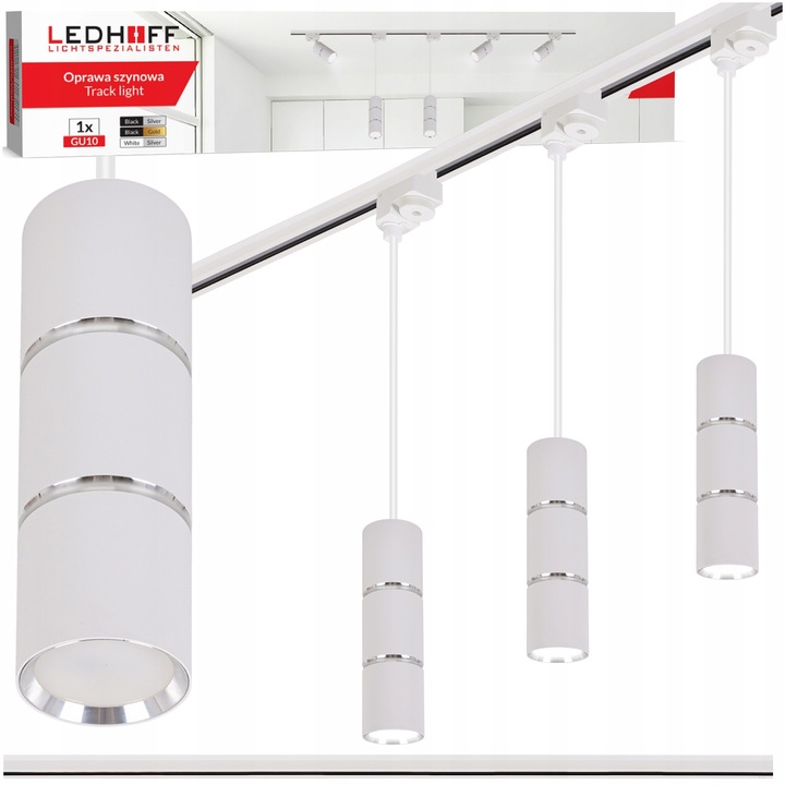 Sina spoturi LED, Ledhoff, B8427, 1x Profil sina 1m, 3x Reflector lampa, GU10, Alb, Argintiu