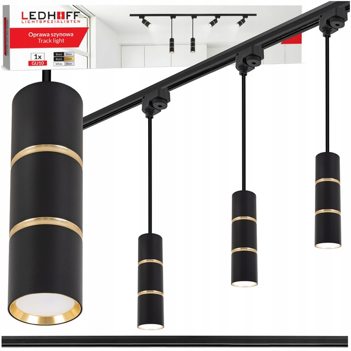 Sina spoturi LED, Ledhoff, B8417, 1x Profil sina 1m, 3x Reflector lampa, GU10, Negru-auriu