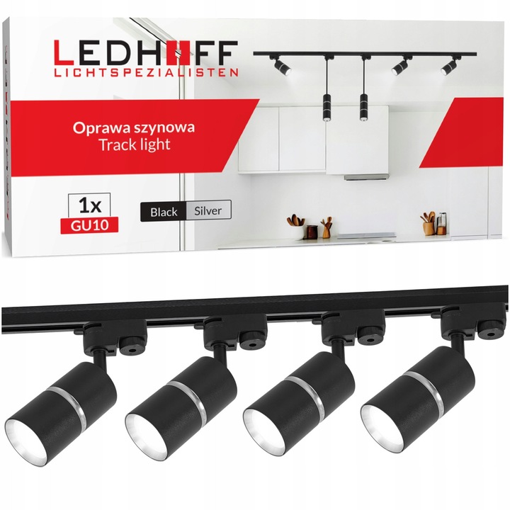 Set De Iluminat Pe Sina Cu Reflectoare GU10, Ledhoff, B8378, Lungime Totala Reflector 185 mm, Carcasa Din Aluminiu, 4xReflector, Soclu GU10, Alimentare Ac230V, Clasa De Protectie IP20, Negru/Argintiu