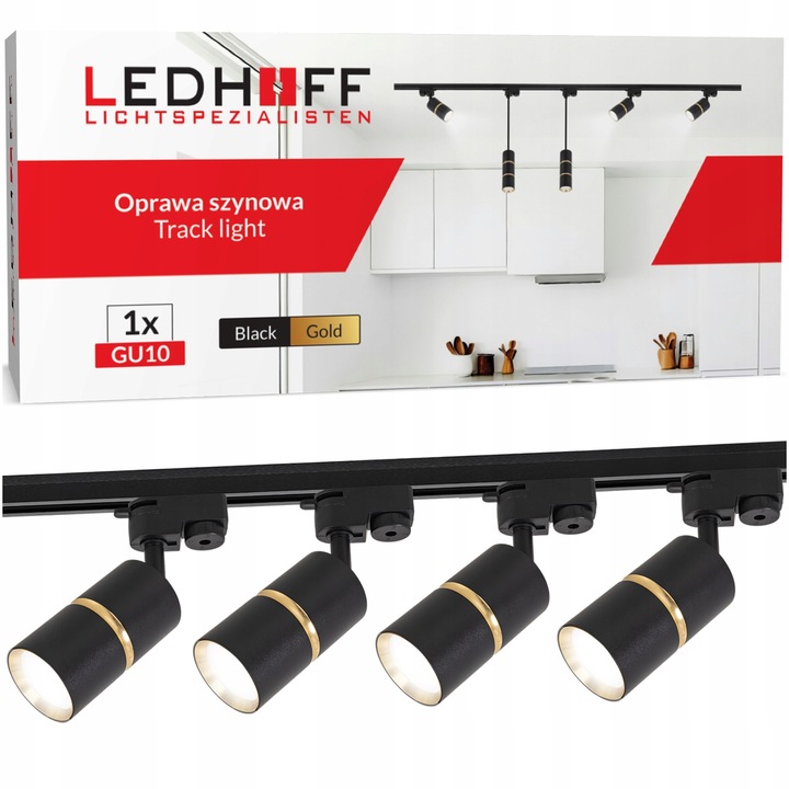 Sina spoturi LED, Ledhoff, B8388, 1x Profil sina 1m, 4x Reflector lampa, GU10, Negru-auriu