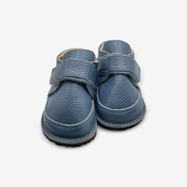 Ghete Barefoot Macco, Primii Pasi, Talpa Flexibila si Antiderapanta, Brant Detasabil din Lana de Oaie, Hand-Made, Piele Naturala, Albastru
