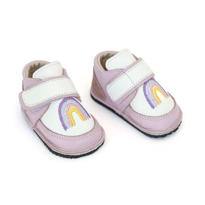 Ghete Barefoot Macco, Primii Pasi, Talpa Flexibila si Antiderapanta, Brant Detasabil din Lana de Oaie, Hand-Made, Piele Naturala, Roz alb