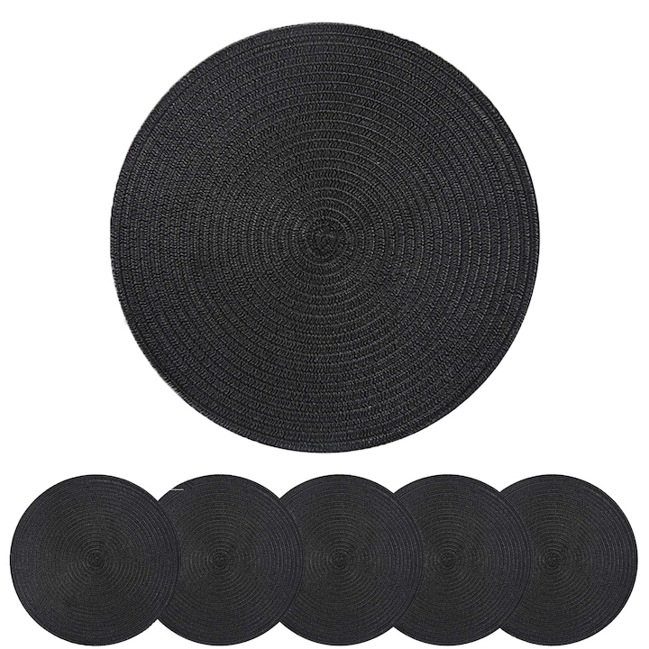 Set 6 suporturi farfurii, Axroad Mall, Runda, Multifunctionale, Absorbtie eficienta, Impotriva alunecarii, Izolatie termica, Durabila, Usor de folosit si curatat, Pentru bucatarie acasa, restaurant si hotel, Bumbac natural, 38cm, Negru