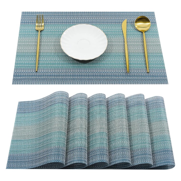 Set 6 servete, Axroad Mall, Dreptunghi, Lavabil, Rezistent la caldura, Antiderapant, Usor de folosit si curatat, Pentru bucatarie acasa, restaurant si hotel, Bumbac natural, PVC/Poliester, 30x45 cm, Albastru