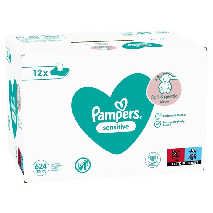 Мокри кърпички Pampers Sensitive, XXL Box, Устойчиви, Деликатни, 0% Аромат, Дерматологично тествани, 12 пакета x 52 бр.