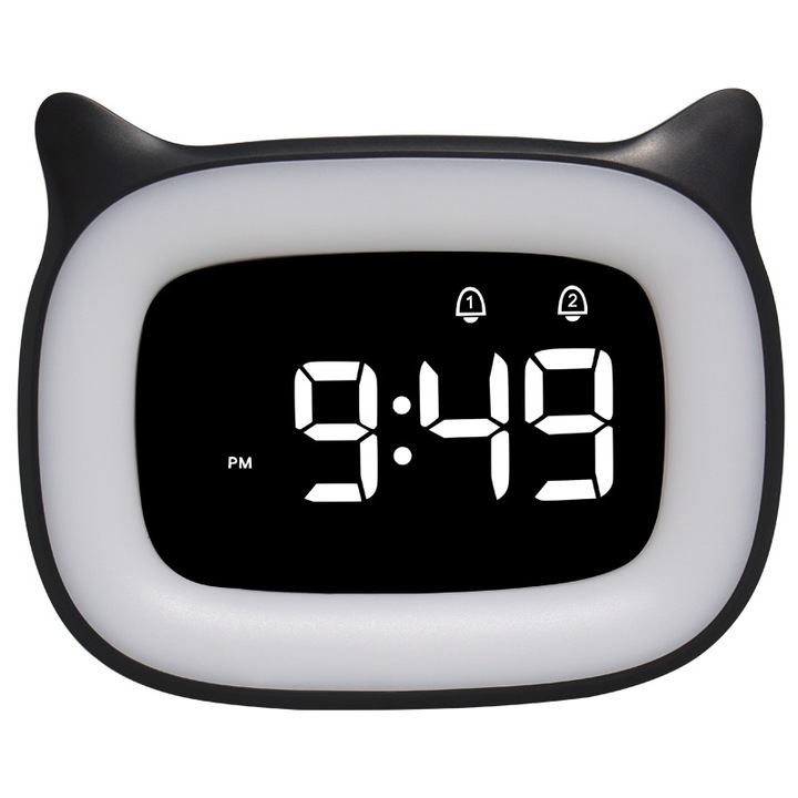 Ceas desteptator digital pentru copii, lumina LED, negru, de masa