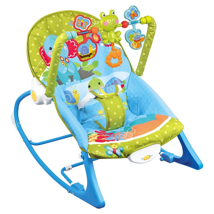 Balansoar bebe Timeless Tools, cu vibratii si sunete, Pana la 18 kg, Spatar ajustabil in 2 pozitii, Ergonomic, Husa lavabila, Poliester, Albastru