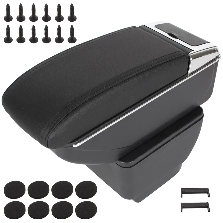 Cotiera auto, M MODECAR, pentru Mazda 2 2007-2014, ecopiele neagra, cu compartiment si set de montaj