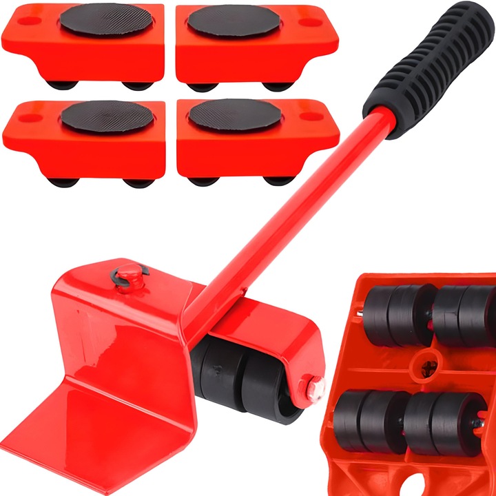 Set Suport cu Roti RETOO HandyTools, Sarcina Maxima 150 kg, Tip de Montare Pivotant, 5 Elemente, Aplicatie Universala, pentru Ridicat si Mutat Obiecte Grele, Rosu