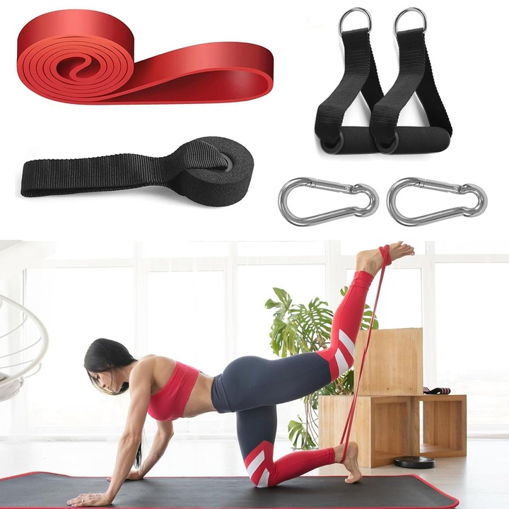 Benzi pentru sport elastice, Axroad Mall, Cu 2 Manere si ancora pentru Usa, Rezistenta 15-35LB, Pentru fitness, workout, Yoga, gimnastica de recuperare, exercitii fizice, aerobic, pilates, TPE, 208 x 1.3 cm, Roz