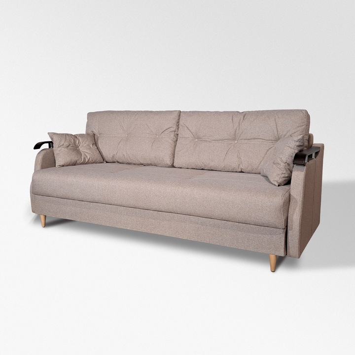 Canapea extensibila Modena 140, Iza, pat, saltea arcuri Relaxa, lada depozitare, picioare inalte fag, perne decorative, culoare bej, 220x95x73