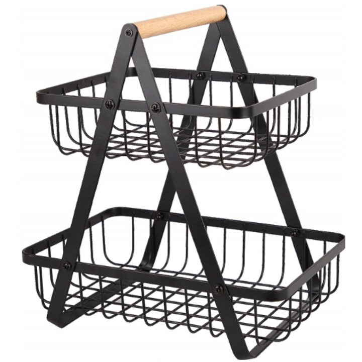 Cos cu fructe cu doua niveluri, metal negru Krisberg KR 2535, farfurie dreptunghiulara din sarma cu maner