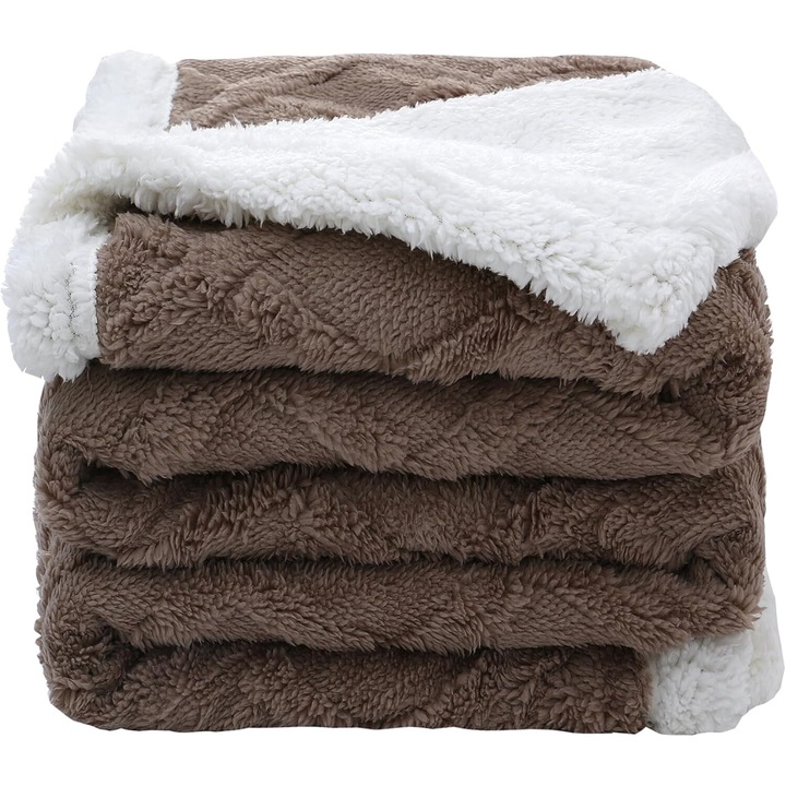 Patura cu blanita pentru pat sau canapea, calduroasa, material fleece, 150 x 200 cm, Maro