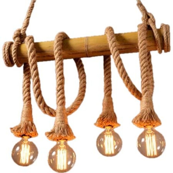 Винтидж ретро/ретро полилей, E27, с връв/въже с 4 регулируеми рамена, върху рози от бамбуково дърво led 8766/103/4
