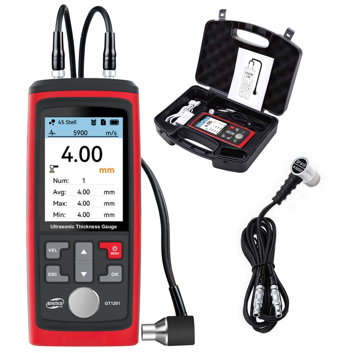 Masurator de grosime ultrasonic, benetech, 1-300mm, 2 sonde, ecran colorat