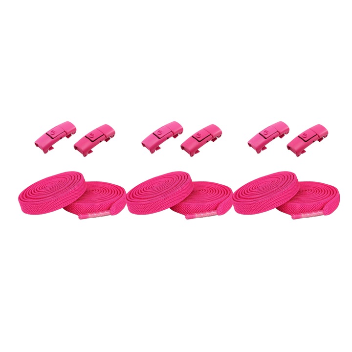 Sireturi roz cu catarame AdyMel®, set 3 perechi, sistem de prindere NO TOUCH, clipsuri, capsule, reglabile, incaltare rapida, plate, elastice