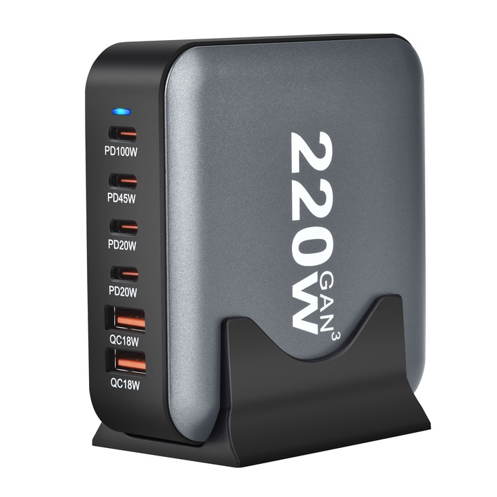 Зарядна станция, 220W, GaN3, 6 порта PD 3.0, QC3.0, QC2.0, PD, USB Type-C Бързо зареждане за смартфон, Лаптоп, Samsung Galaxy, RiKbo