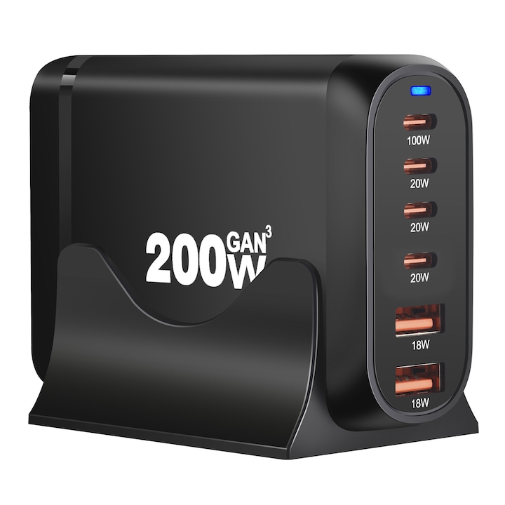 Зарядна станция, 200W, GaN3, 6 порта PD 3.0, QC2.0, QC3.0, PD, USB Type-C Бързо зареждане за смартфон, Лаптоп, Samsung Galaxy, RiKbo