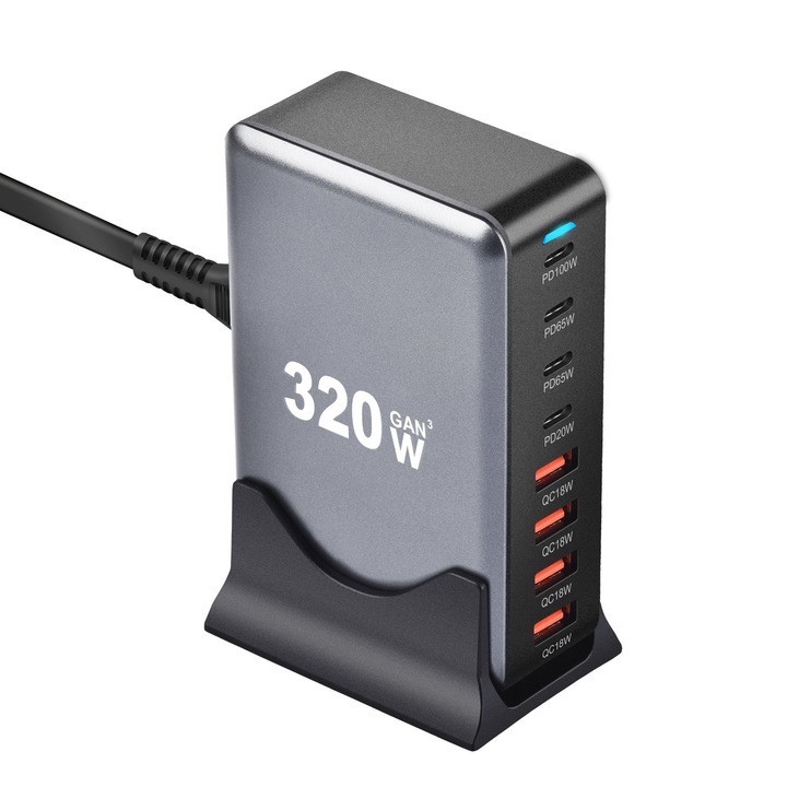 320W GaN зарядна станция 8 порта QC2.0, QC3.0, PD, PD 3.0 USB Type-C бързо зареждане за смартфон, лаптоп, Samsung Galaxy, RiKbo®