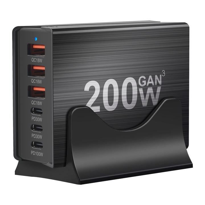 Зарядна станция 200W GaN3 6 порта, 3x USBC, 3 x USBA PD 3.0, QC2.0, QC3.0, PD, USB Type-C Бързо зареждане за смартфон, MacBook Pro, лаптоп, iPad, Samsung Galaxy, iPhone, RiKbo®
