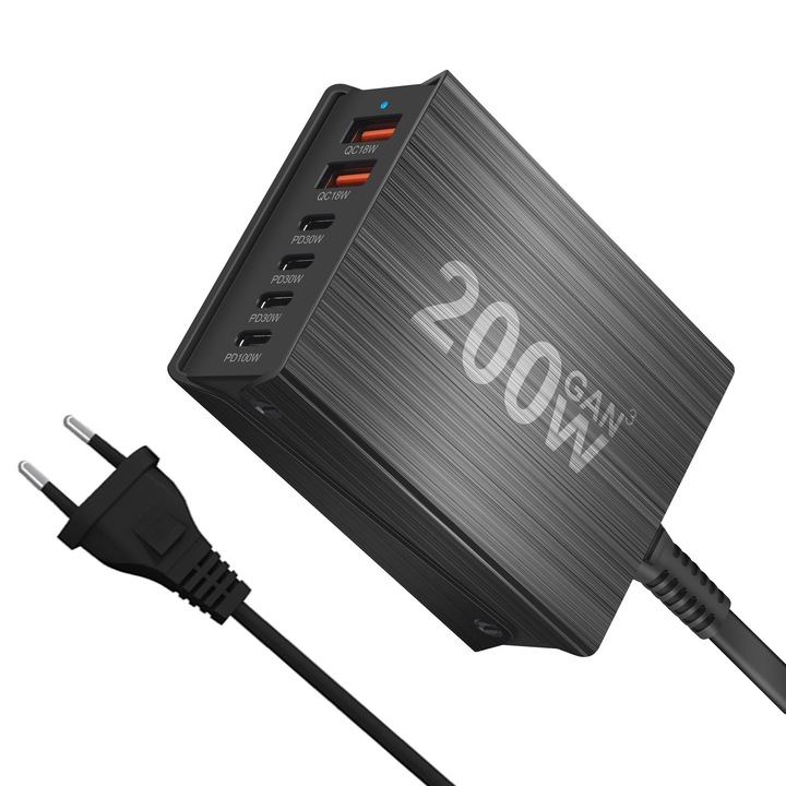 Зарядна станция 200W GaN3 6 порта, 4x USBC, 2 x USBA PD 3.0, QC3.0, QC2.0, PD, USB Type-C Бързо зареждане за смартфон, MacBook Pro, лаптоп, iPad, Samsung Galaxy, iPhone, RiKbo®