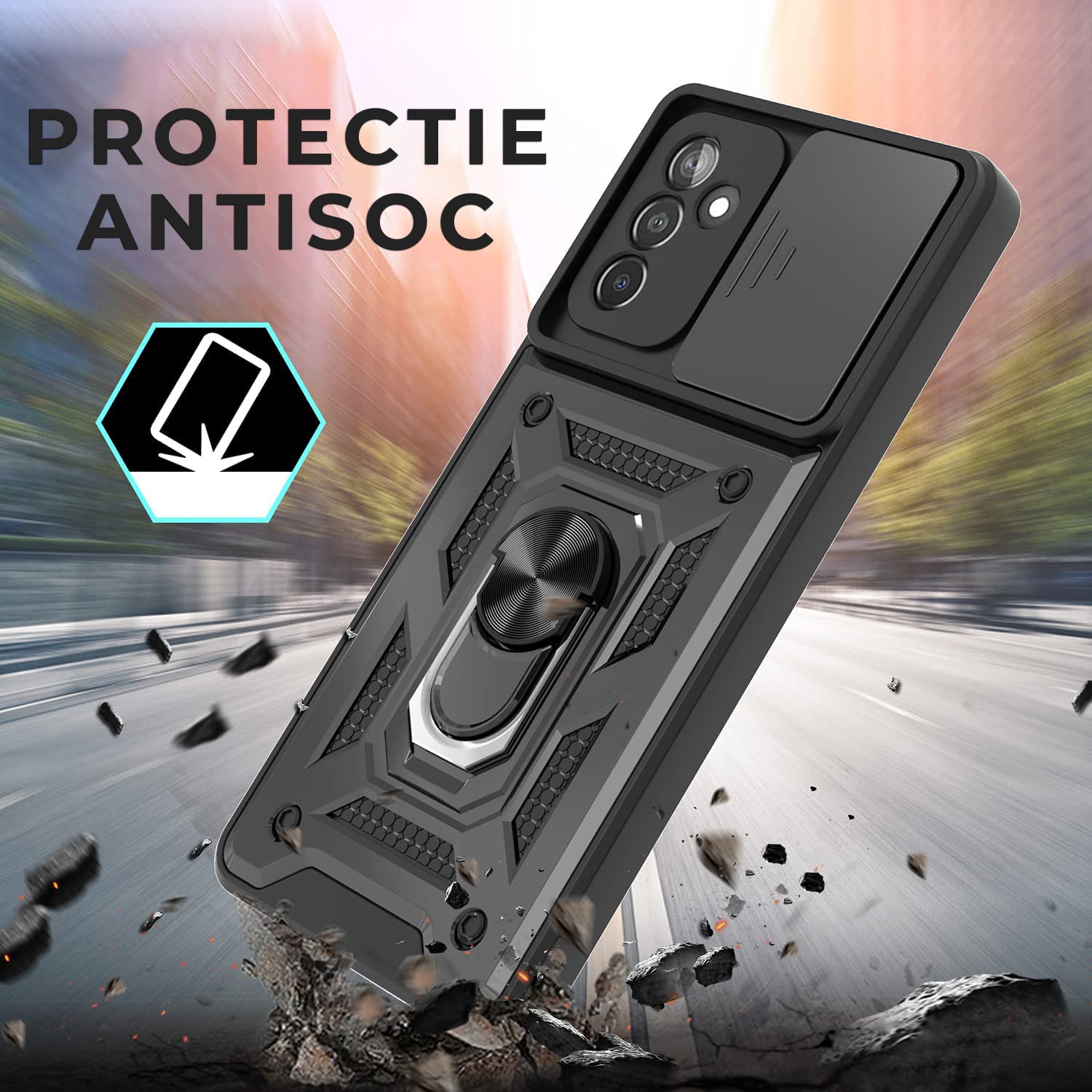 Husa cu inel rotativ 360 pentru Samsung A34 5G, Hybrid Antisoc, Slider pentru protectia camerei, PremiumCell, Negru