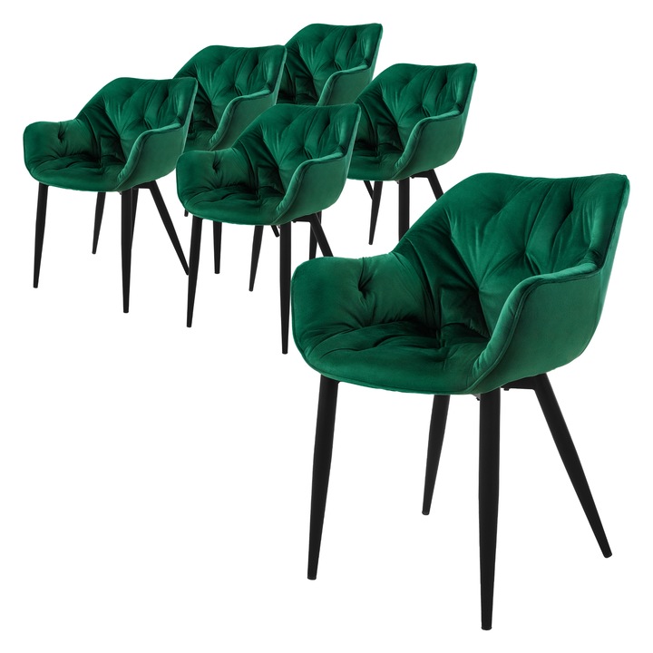 Комплект 6 трапезни стола ML-Design, тъмнозелени, кадифе, 59x67x83 см, модерен дизайн, лесно сглобяване