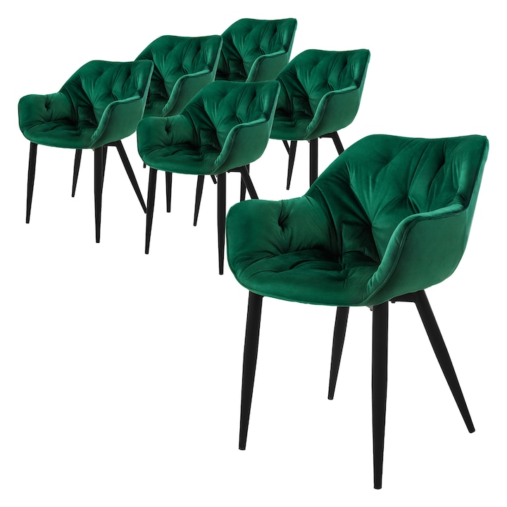 Комплект 6 трапезни стола ML-Design, тъмнозелени, кадифе, 59x67x83 см, модерен дизайн, лесно сглобяване