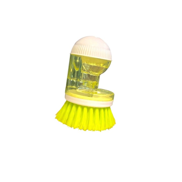 Perie mini de curatat vase, oale, chiuvete, aragaz, cu dispenser de detergent inclus, forma confortabila la spalare, din plastic, cu peri duri, 70g, uz caznic, dimensiune 10x6cm