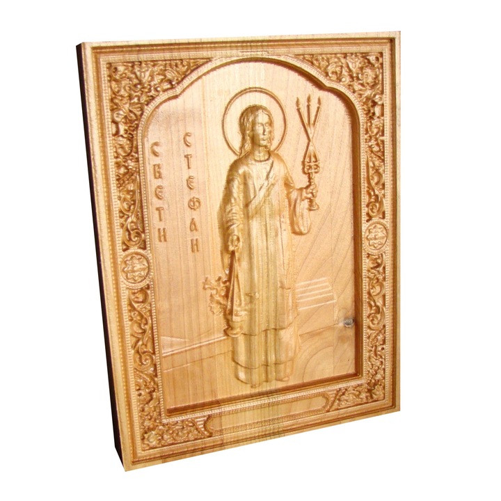 Faragott ikon Szent Mártír és Stefan főesperes, tömör fa, 24,5x18,5 cm