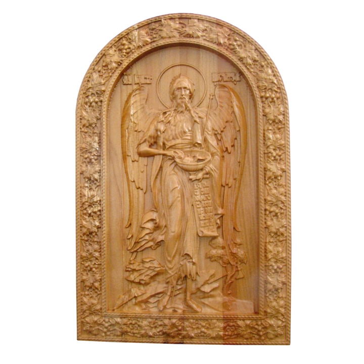 Keresztelő Szent János faragott ikonja angyalszárnyakkal, tömör fa faragással 27x17,8 cm