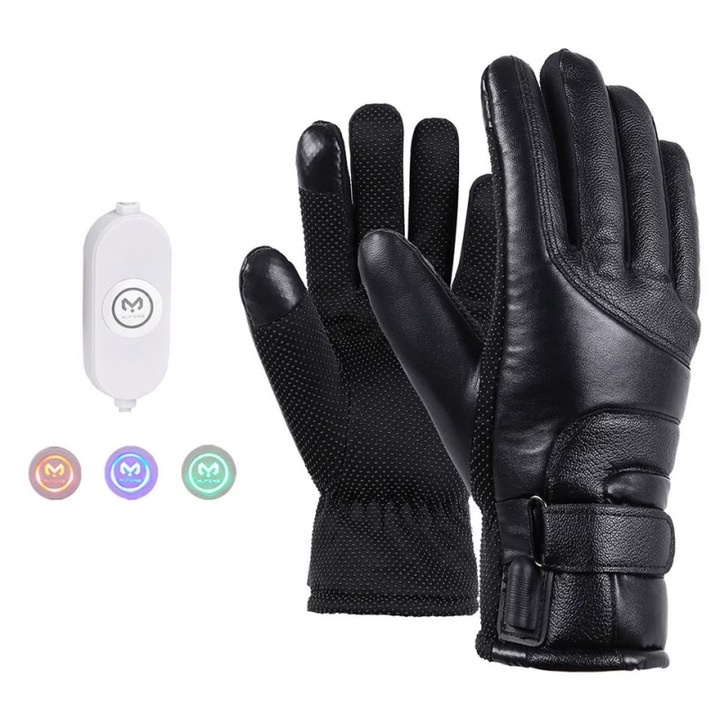 Manusi cu incalzire electrica, material vinil, incalzire cu baterie reincarcabila, functie ecran tactil, reglare temperatura 3 trepte, ideal pentru schi, drumetii, ciclism, pescuit, munca outdoor de iarna, dimensiuni M/L, negru