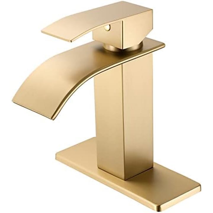 Смесител за баня Elindor с матово златисто покритие, модерен, тип водопад, една ръкохватка, за мивки с 1 или 3 отвора, включена основна плоча и маркуч