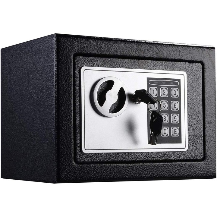 Електронен сейф с цифров код и 2 аварийни ключа, изработен от стомана със стенен монтаж, за документи, бижута и ценности, черен, 23 x 17 x 17 cm