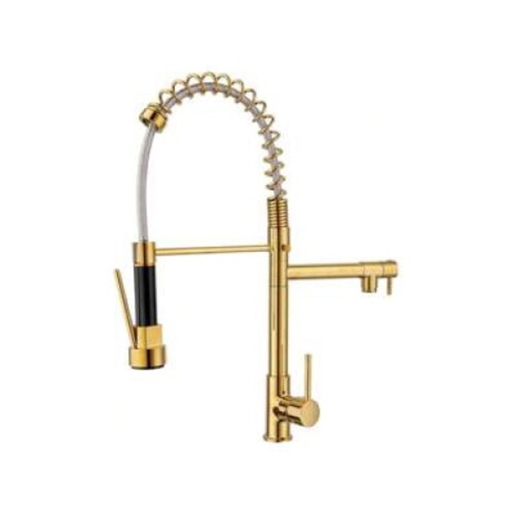 Professzionális konyhai csaptelep ipari kialakítással, 360°-ban forgatható csaptelep, tavaszi zuhany, 2 vízáramlási mód, rozsdamentes acél, kerámiapatron, arany