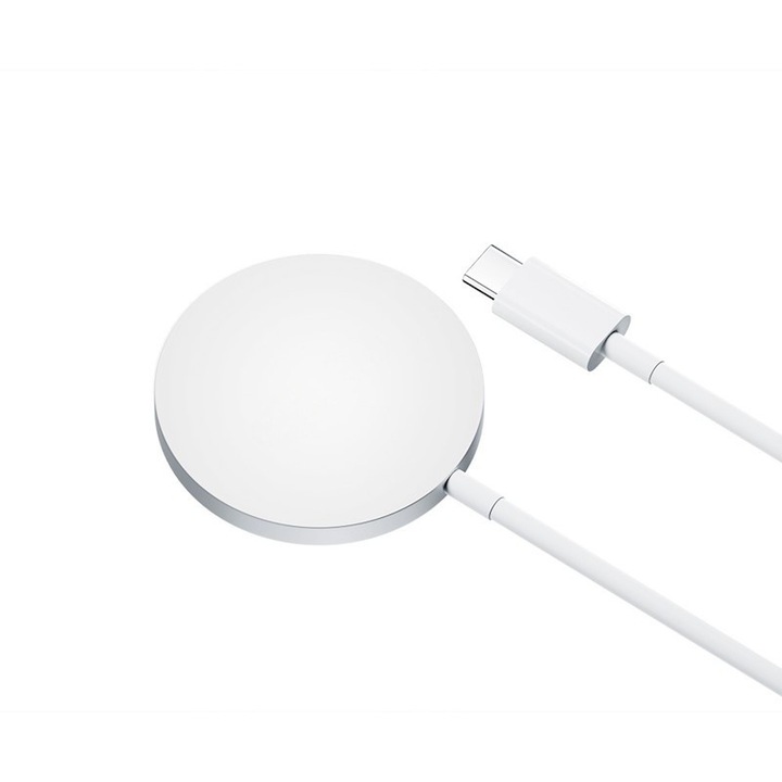 Магнитно безжично зарядно устройство, метално, 15 W, USB Type-C кабел 1 м, бяло