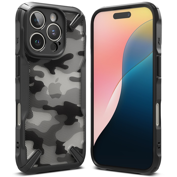 Husa pentru iPhone 16 Pro, ru iPhone 16 Pro - Ringke Fusion X Design, Y68, Policarbonat, Camo Black